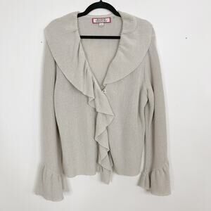 Beyond Threads Wool Alpaca Ruffle Cardigan Sweater Large L Cream Bell Cuff Women
